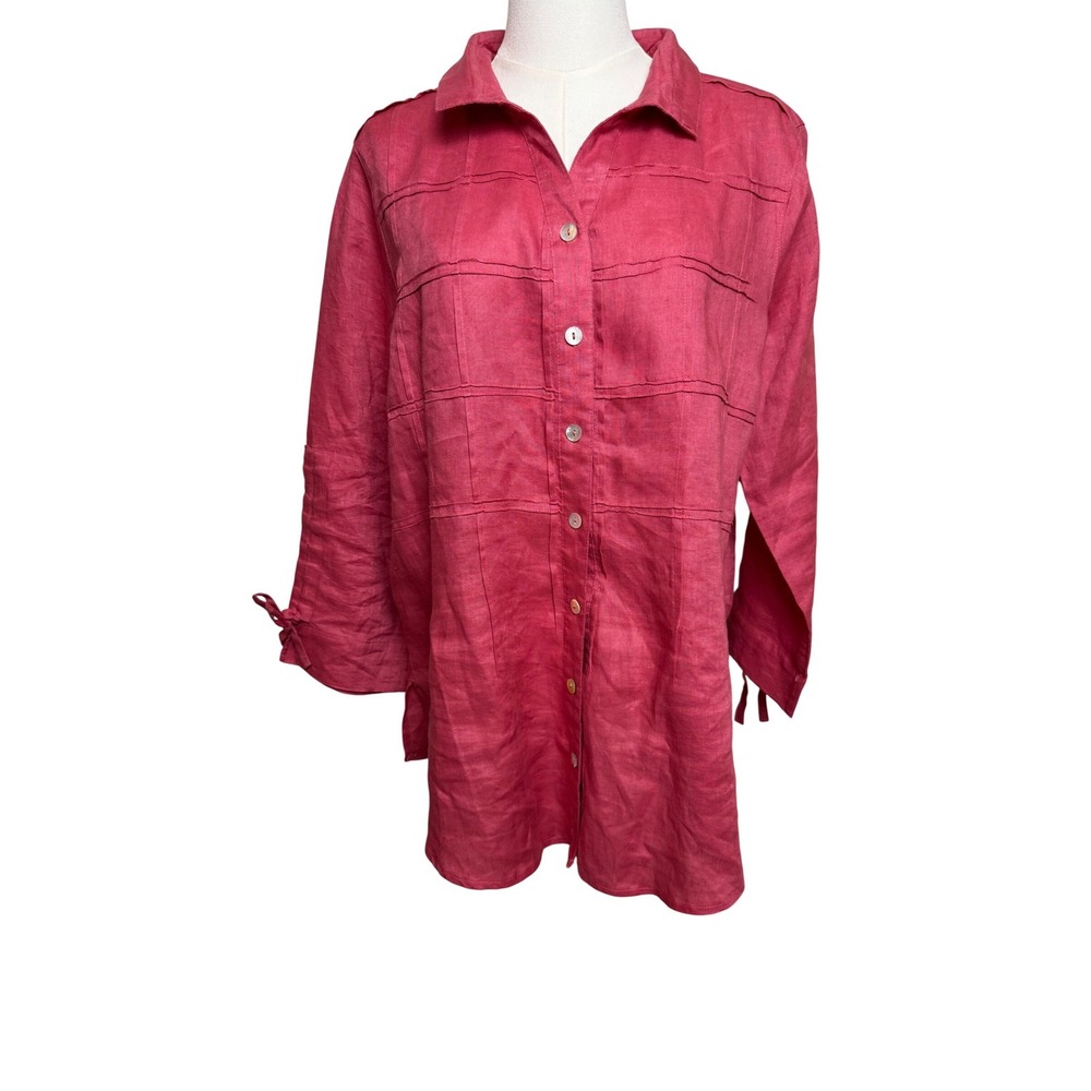 John Mark Women Pink 100% Linen Pintuck Button Down Tunic Tie Sleeve Top Small‎
